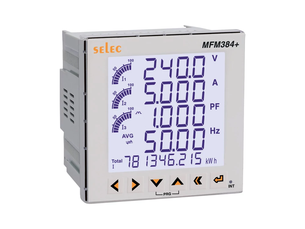 Selec MFM384‑Plus digitális háromfázisú energiamérő, LCD, RS485 Modbus RTU, impulzuskimenet, 96×96 mm